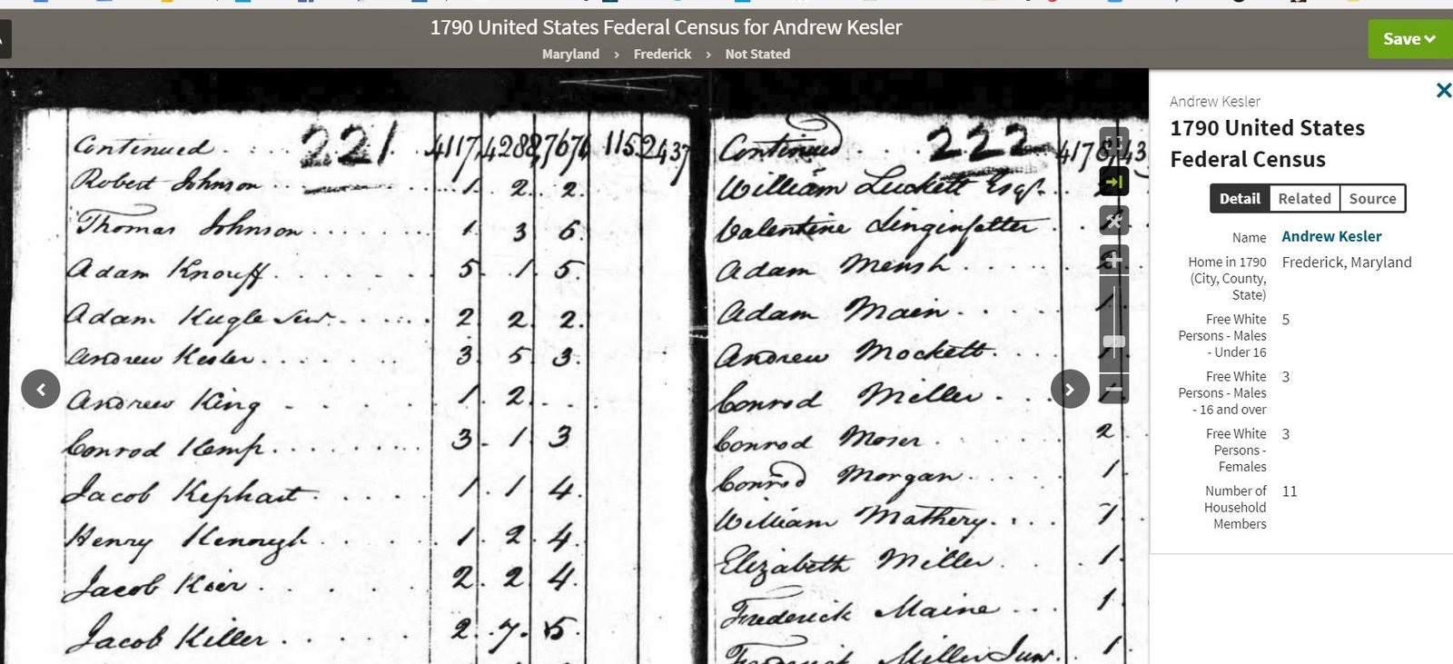 1790 US Census Andrew Kesler 2