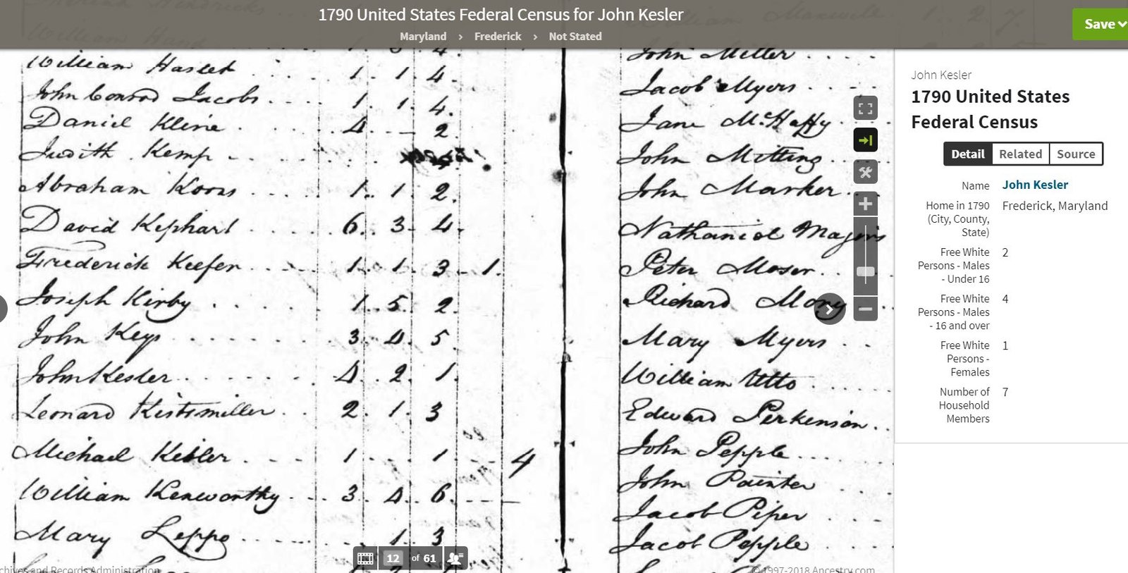 1790 US Census John Kesler 2